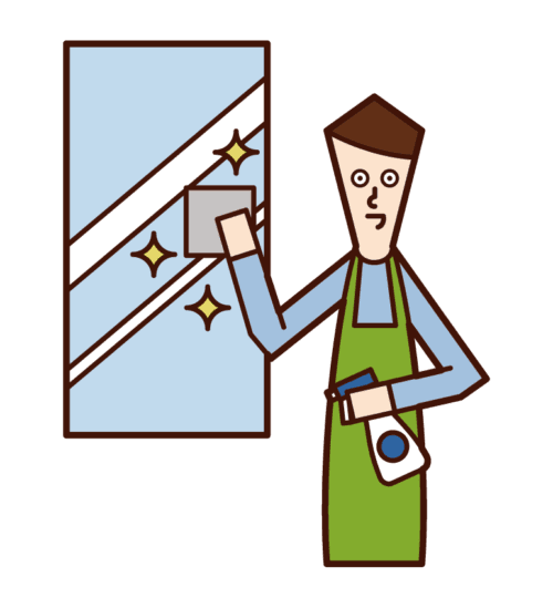 洗面台やお風呂場の鏡を掃除する人のイラスト