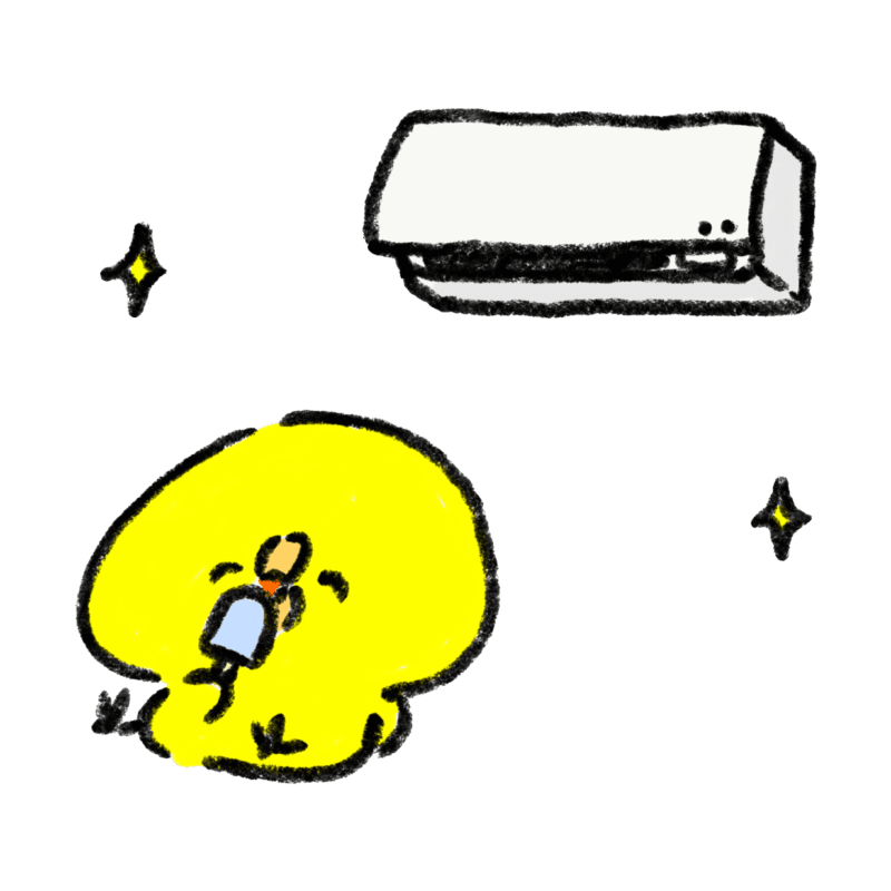 エアコンの効いた部屋でアイスを食べて涼むひよこのイラスト