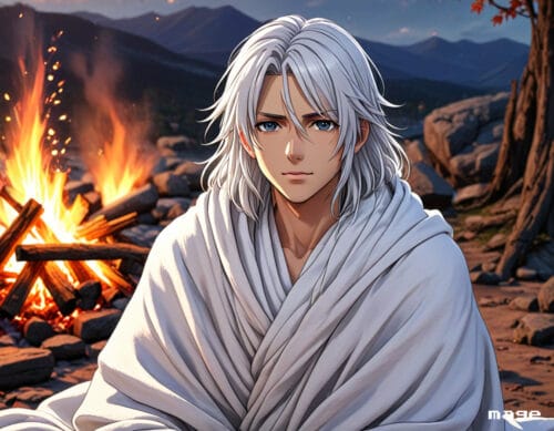 たき火にあたるギガさん