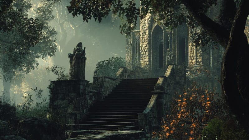 怪しい集落_村_ホラー_廃墟となった城の外階段_AIまてりあるず